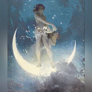 Blue Moonlight Art Print – Celestial Woman on Crescent